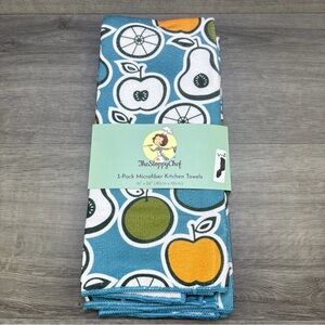 SET OF 3 SAME JUMBO MICROFIBER KITCHEN TOWELS 16"x26" APPLES & PEARS ON BLUE
